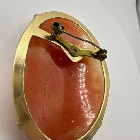 Vintage large hyper realistic plastic resin cameo gold tone oval brooch - Picture 8 of 9